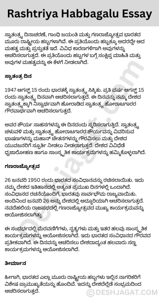 Rashtriya Habbagalu Essay in Kannada ರಾಷ್ಟ್ರೀಯ ಹಬ್ಬಗಳ ಮಹತ್ವ ಪ್ರಬಂಧ ಕನ್ನಡದಲ್ಲಿ 200, 300, ಪದಗಳು.